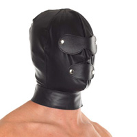man wearing a full bondage hood